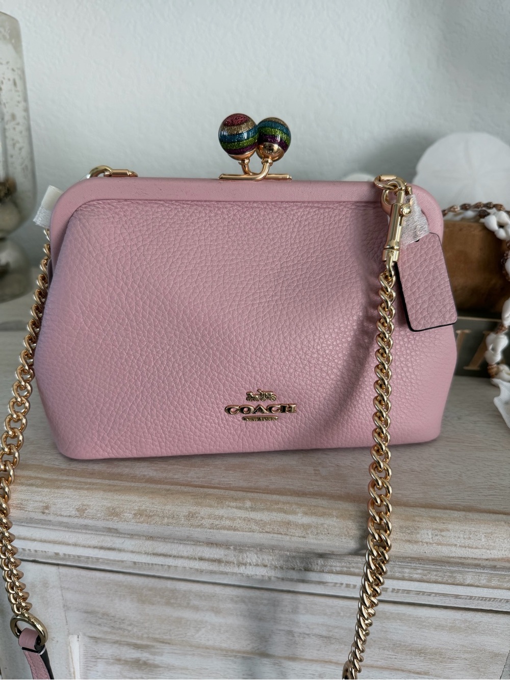 NWT Coach Nora Kisslock Crossbody C1451 Pink Leather Jeweled Clasp $350